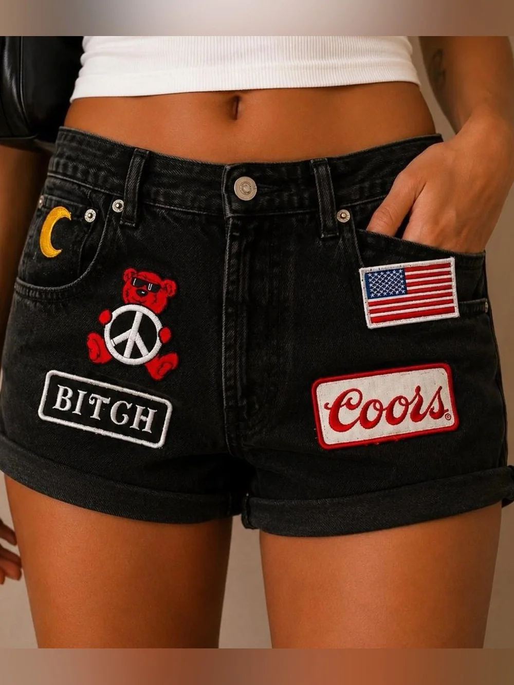 Vintage Black Denim Patch Shorts Womens Size 5 Small Coors USA Flag Y2K Biker